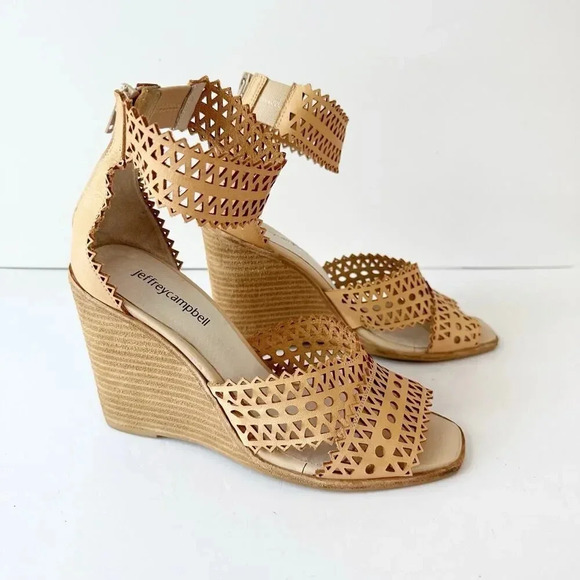 JEFFREY CAMPBELL Size 8‎ Square Toe Tan Cream Perforated Laser Cut Wedge Sandals - Picture 4 of 7